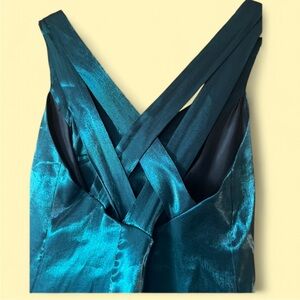 Vintage 90’s Teal Pleated Min(d)i Sheath Satin Dress W/Crisscrossed Back Detail.